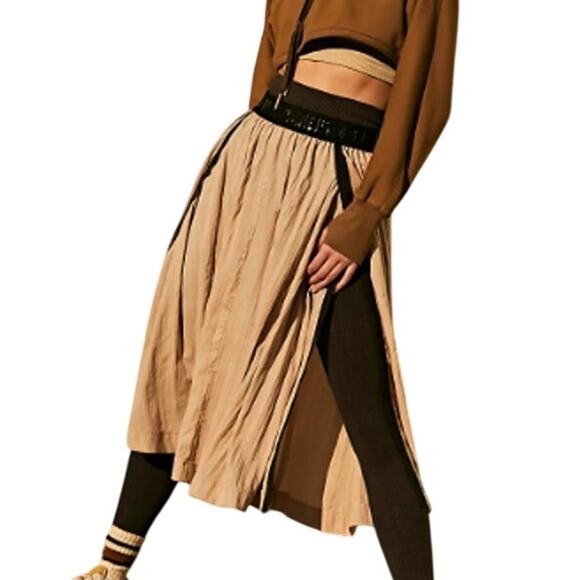 Free People Movement S Pleated Leisure Skirt Midi Sand Slit Sides Boho Hippie - Picture 1 of 10
